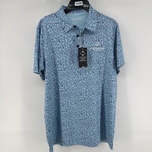 Pins & Aces Polo Shirt Mens Medium Blue Floral Golf Mission Hills Church NWT